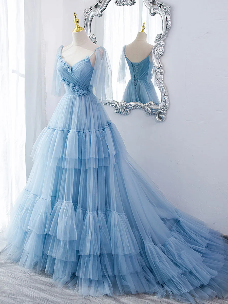 Blue v neck tulle long prom dress, blue tulle formal dress