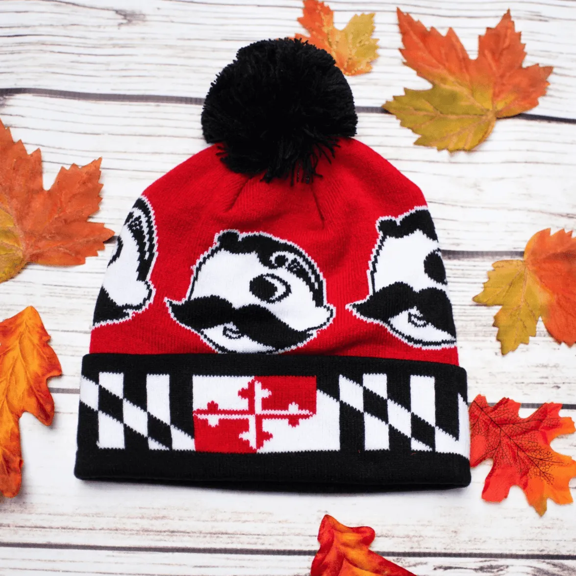 Boh Logo w/ Maryland Flag Brim (Red w/ Black Pom) / Knit Beanie Cap