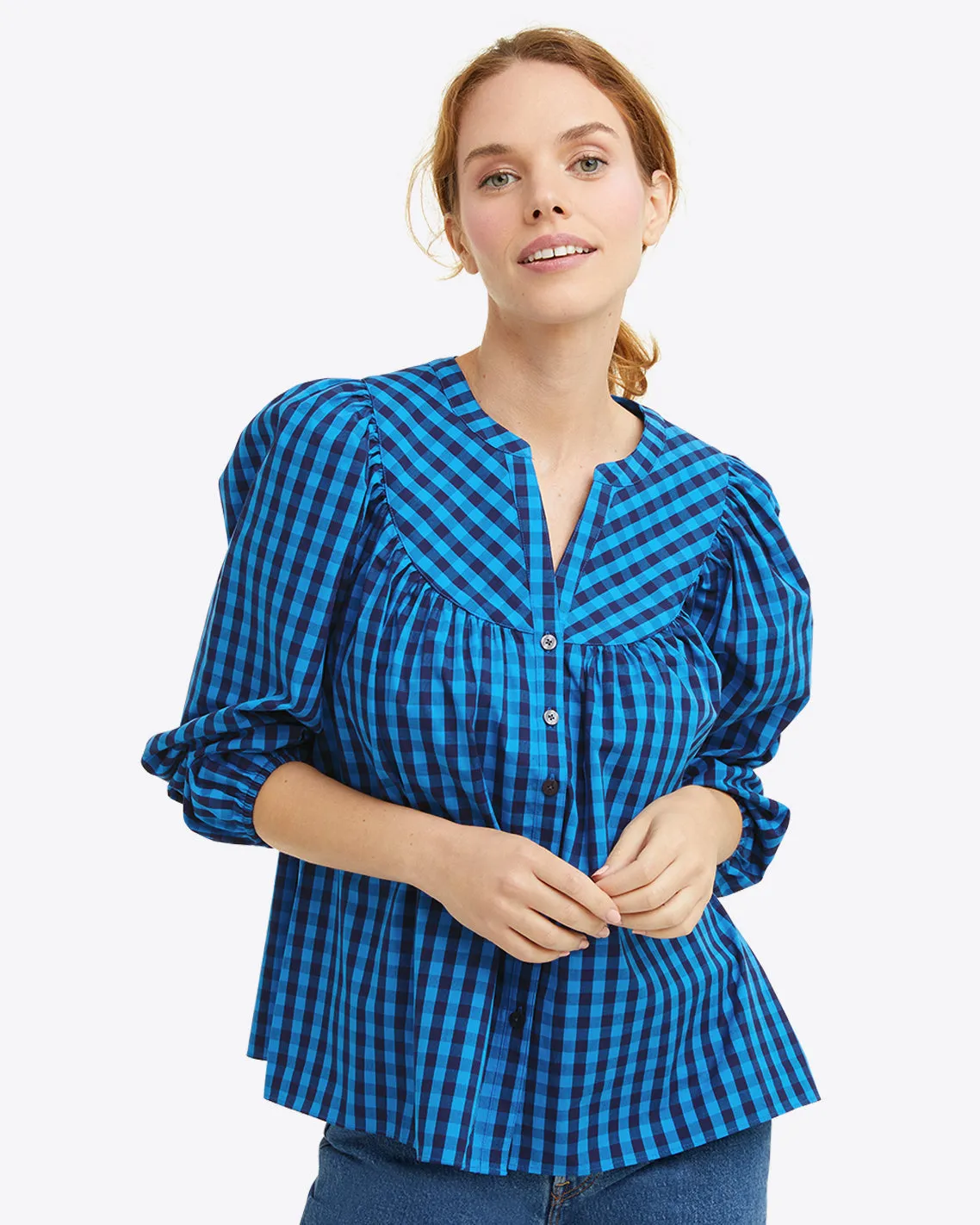 Button-Front Top in Blue Gingham