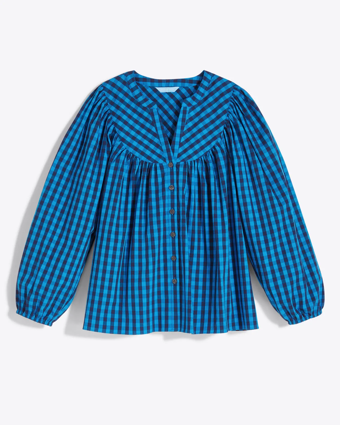 Button-Front Top in Blue Gingham