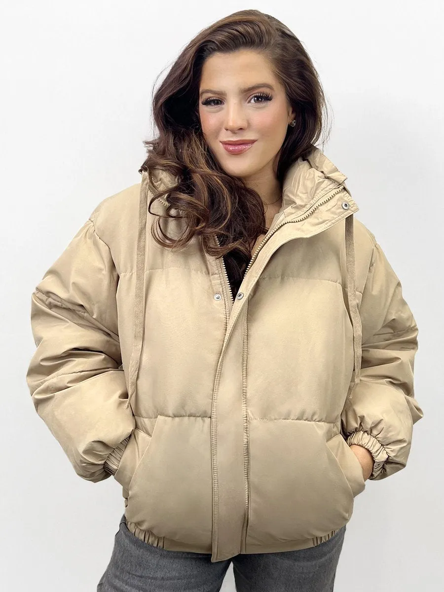 Camel Winter Trendy Solid Color Stand Collar Hooded Zip-Up Loose Cotton Coat