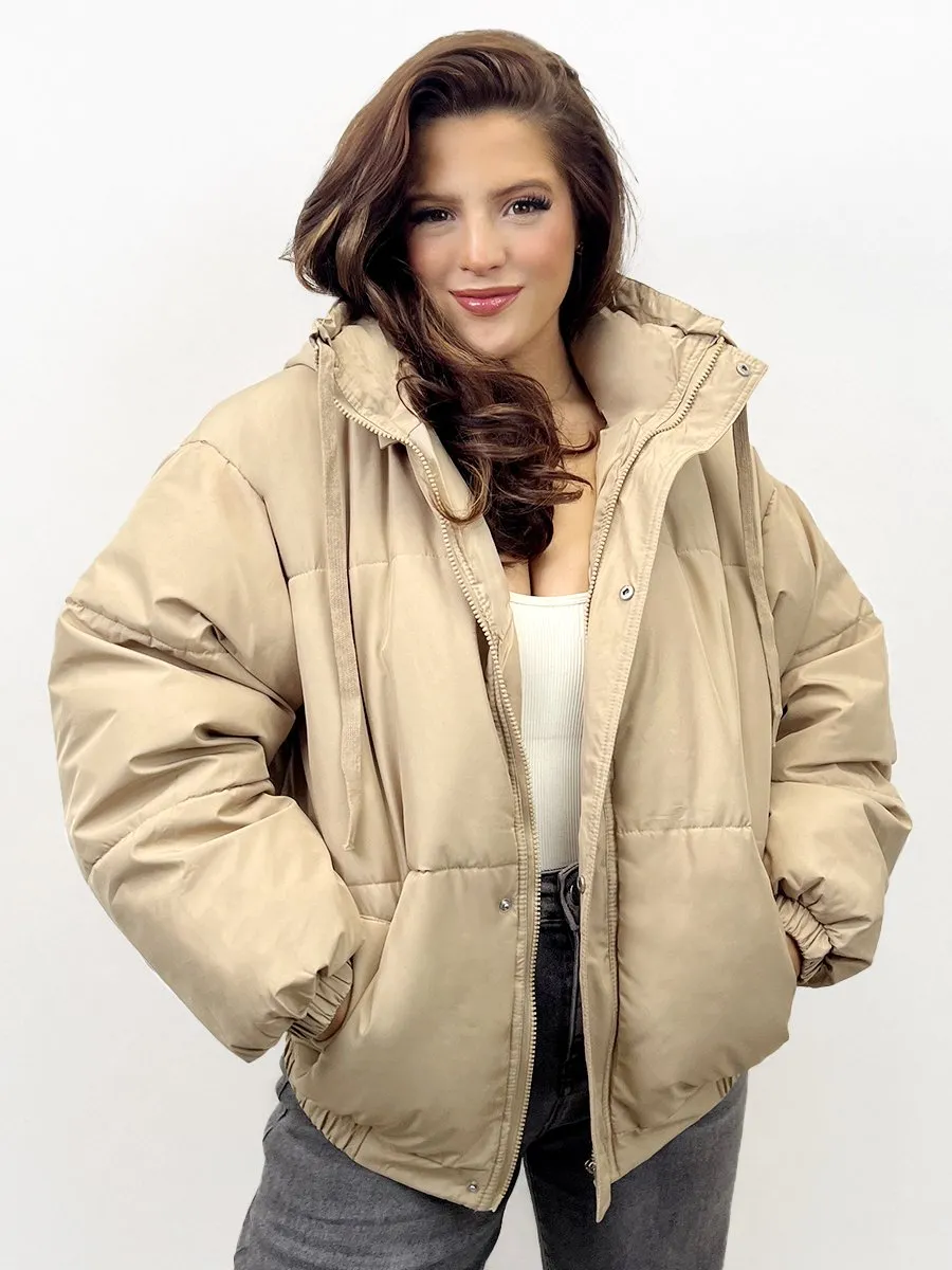 Camel Winter Trendy Solid Color Stand Collar Hooded Zip-Up Loose Cotton Coat