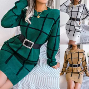 Casual Contrast Color Plaid Long Sleeve Base Sweater Dress