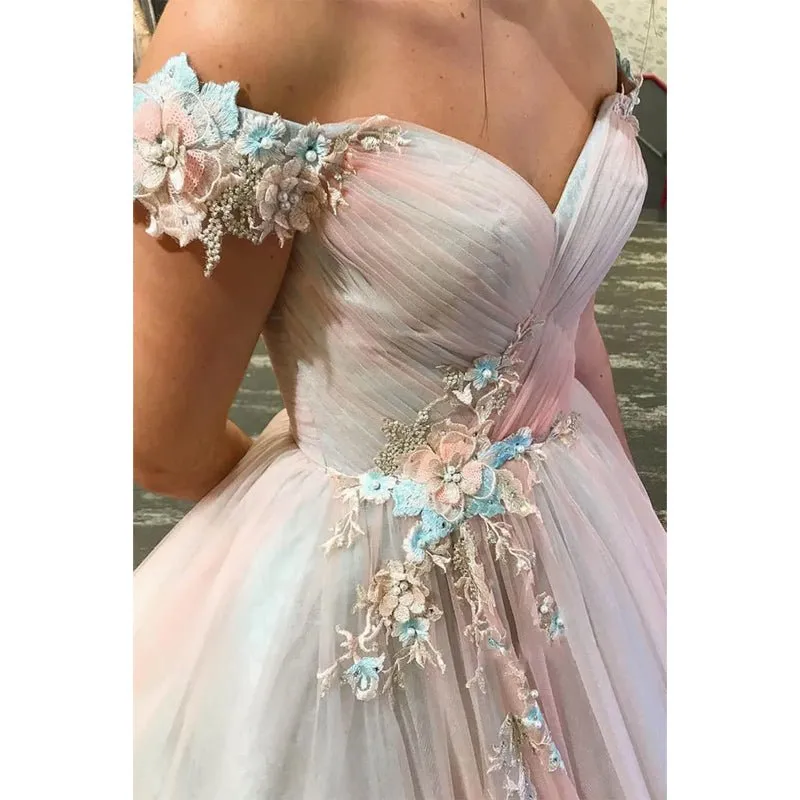 Chic Off-the-shoulder A-line Tulle Appliques Long Prom Dress Formal Evening Gowns