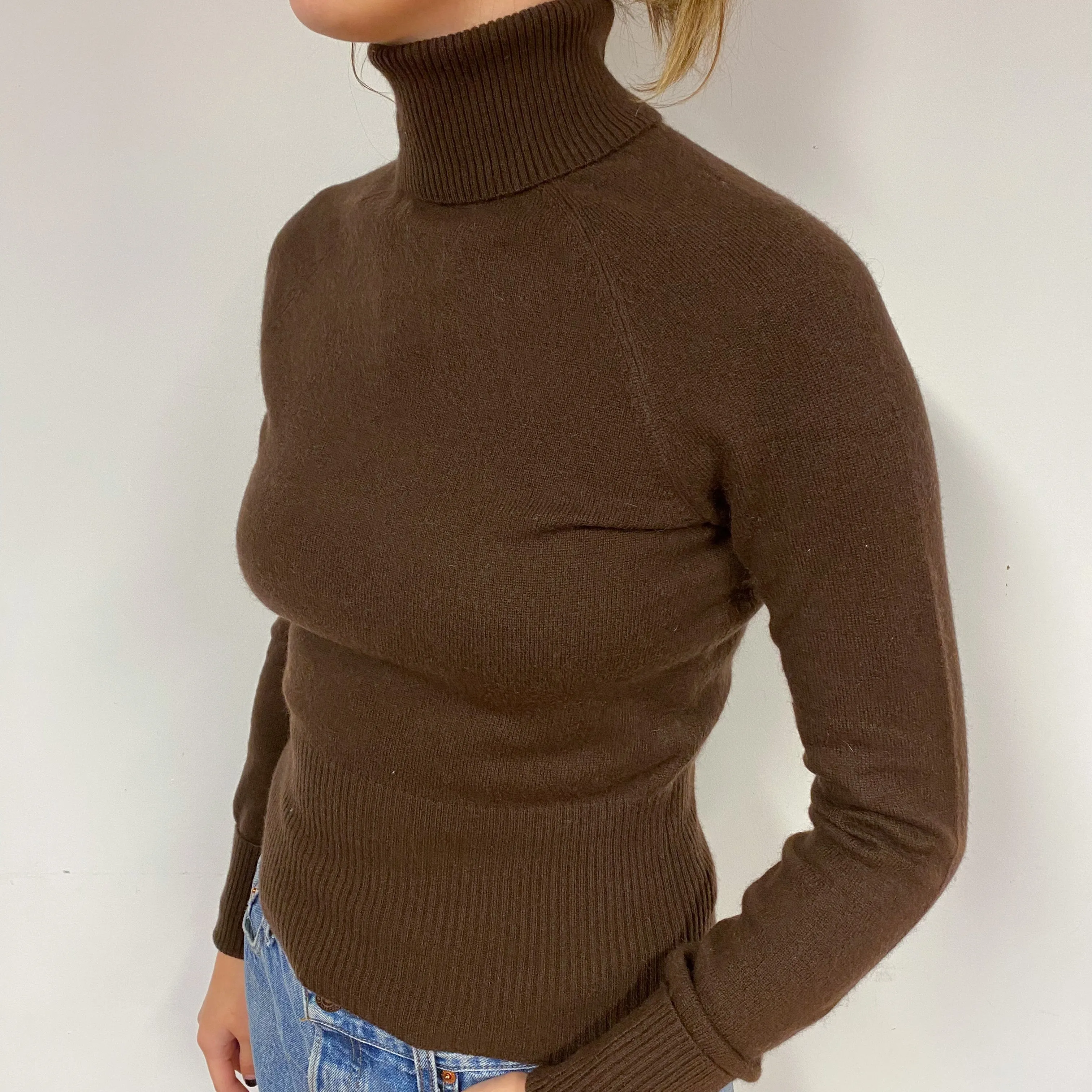 Chocolate Brown Cashmere Polo Neck Jumper Small