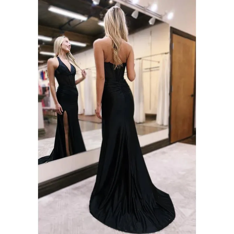 Classic & Timeless Halter Sleeveless Side Slit Trumpet Evening Party Prom Dress