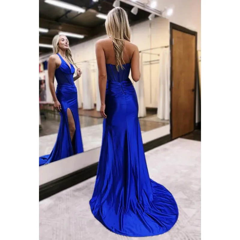 Classic & Timeless Halter Sleeveless Side Slit Trumpet Evening Party Prom Dress