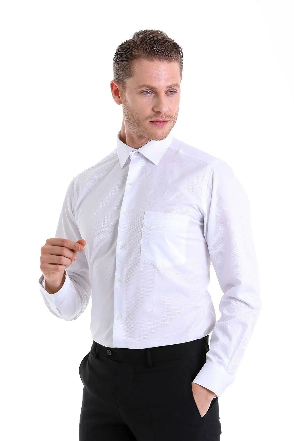 Classic Fit Chest Pocket Cotton Blend White Dress Shirt