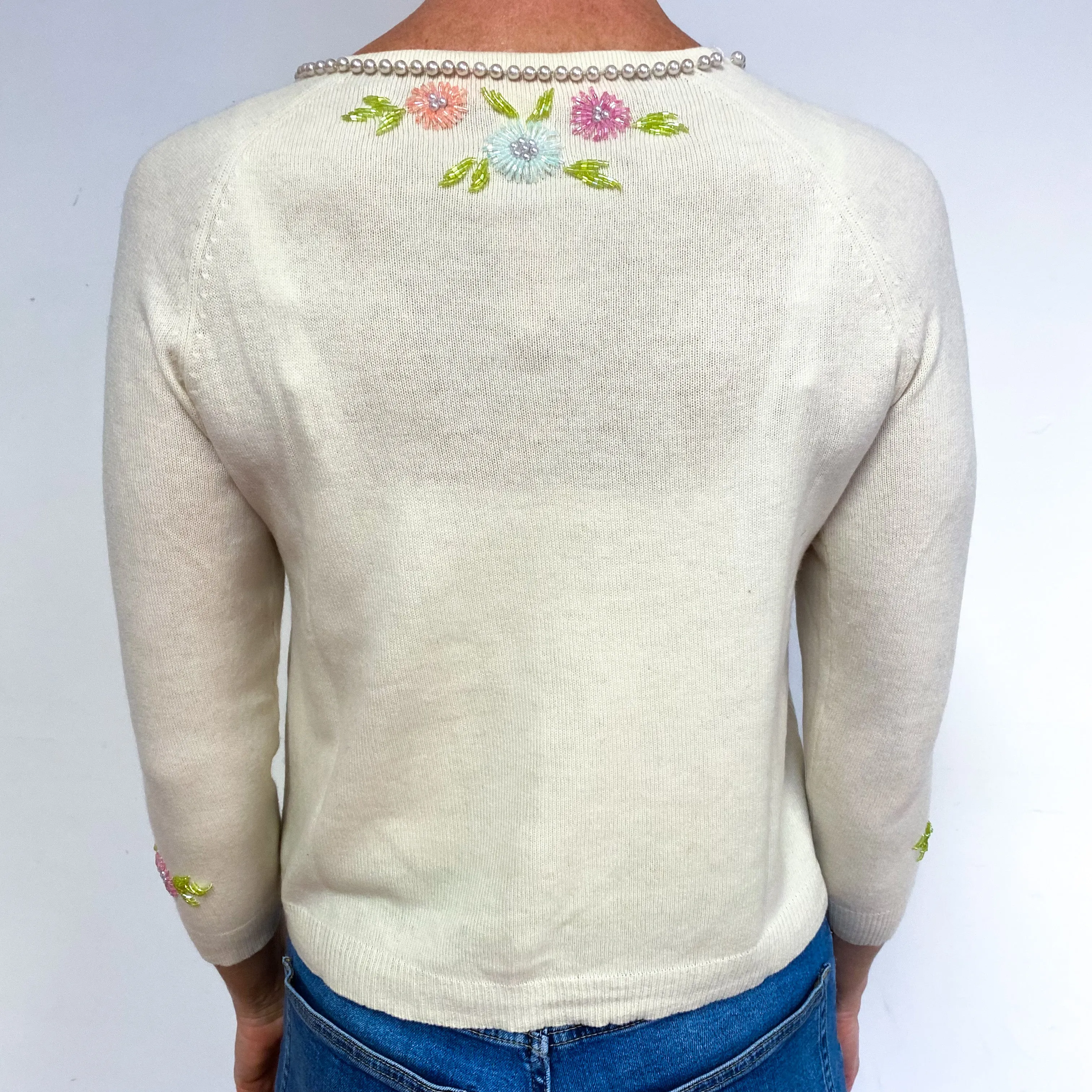 Clotted Cream Floral Embellished Cashmere Crew Neck Cardigan Medium