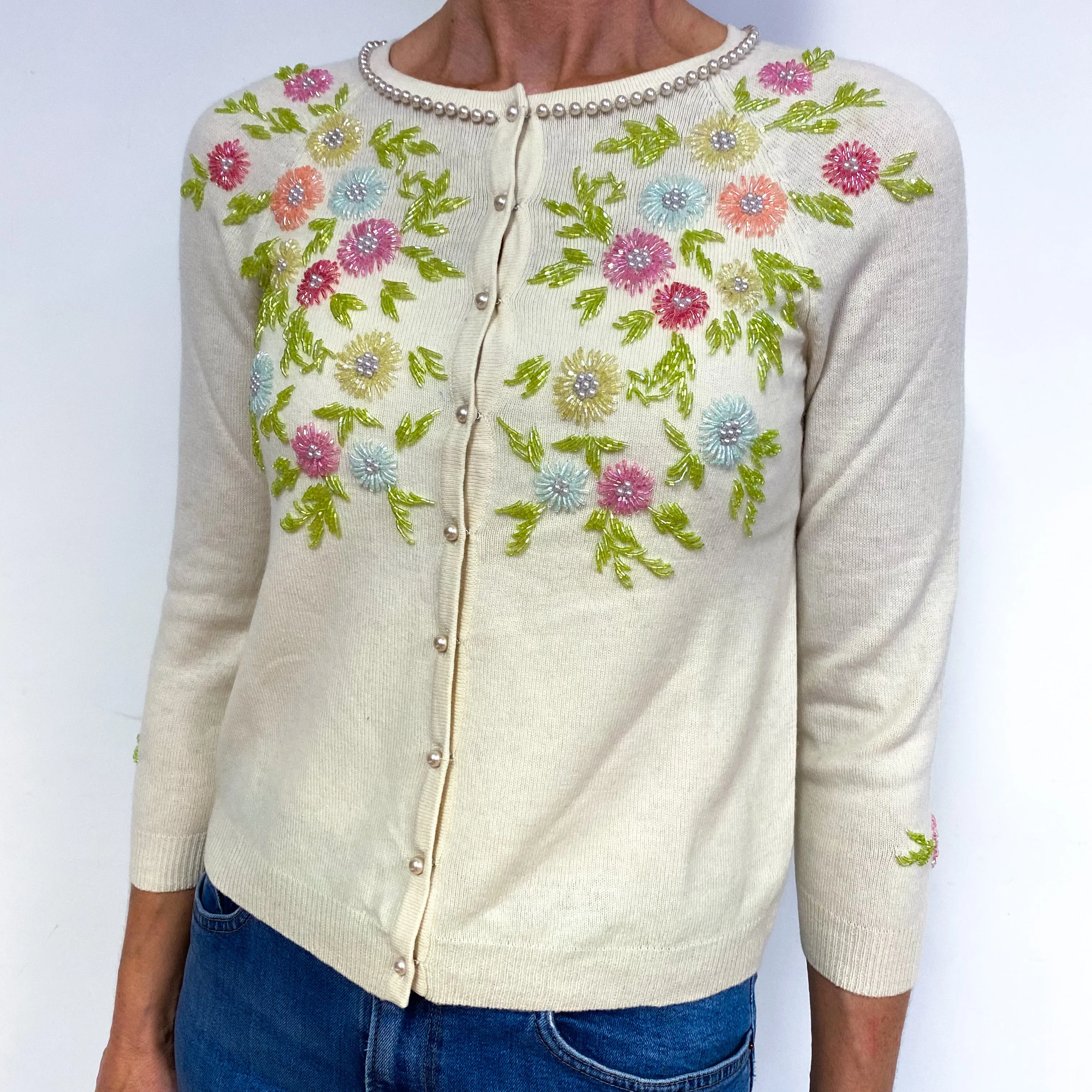 Clotted Cream Floral Embellished Cashmere Crew Neck Cardigan Medium