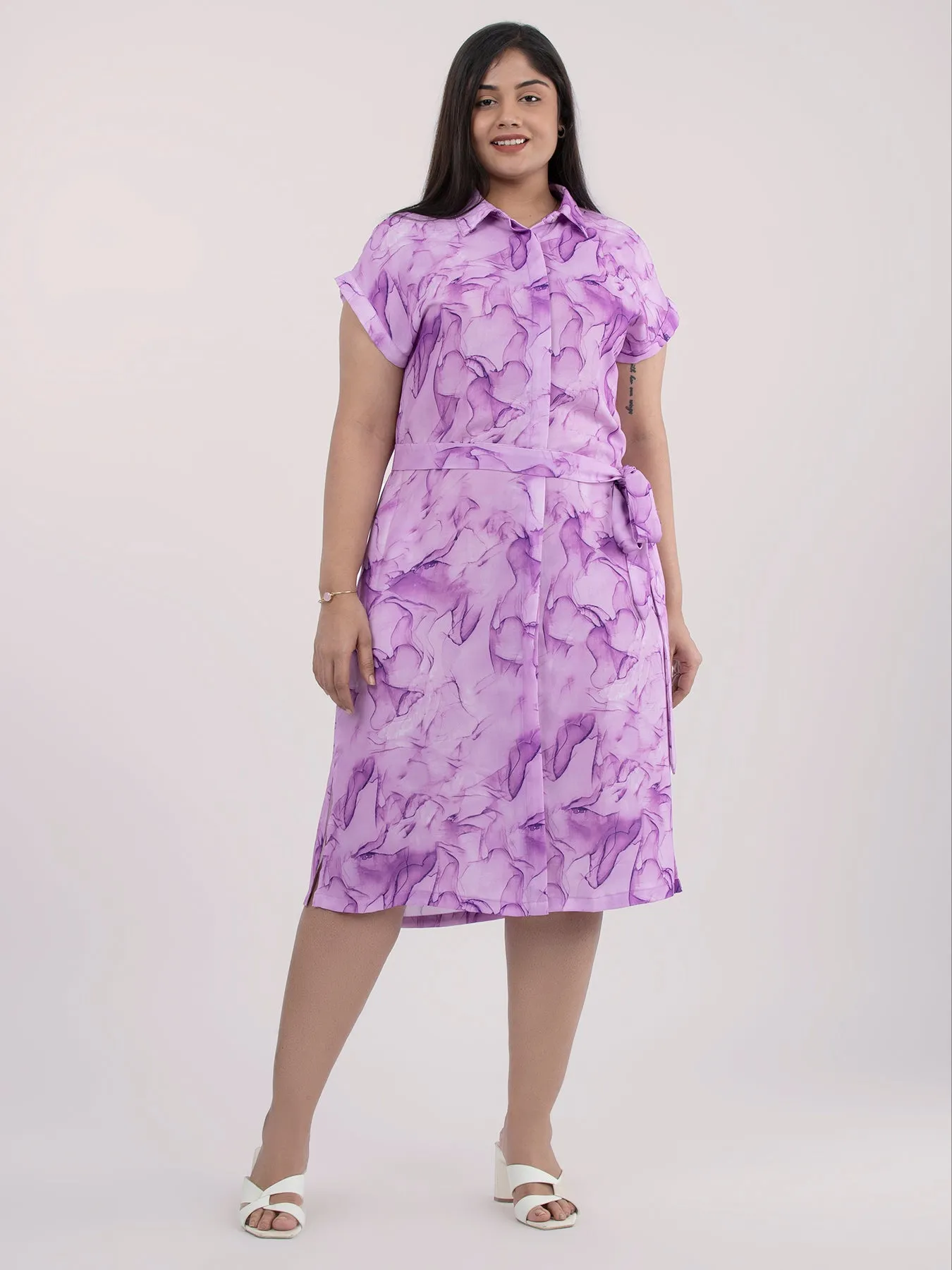 Collared Marble Print Shirt Dress - Lilac