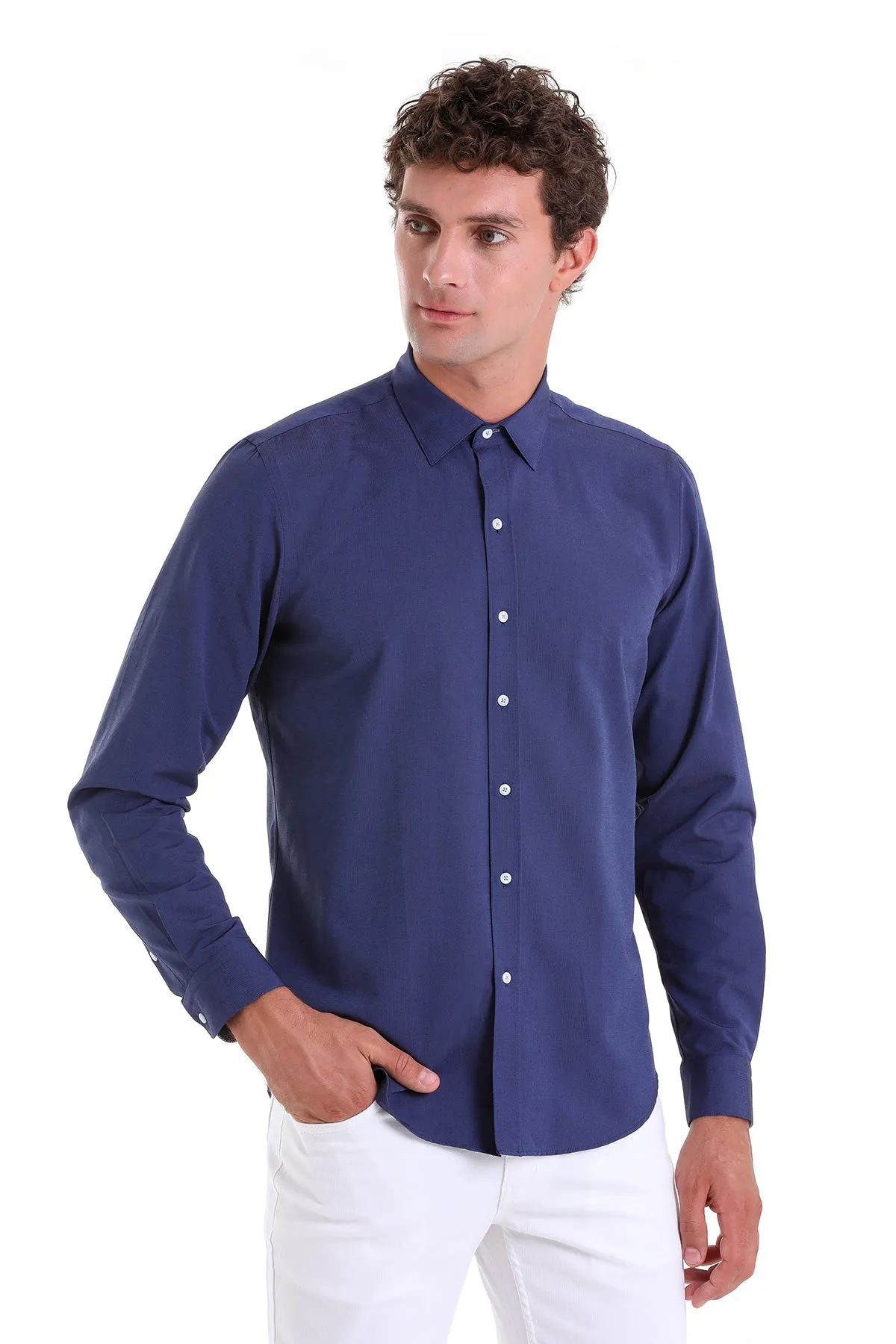 Comfort Fit Long Sleeve Cotton Blend Navy Dress Shirt