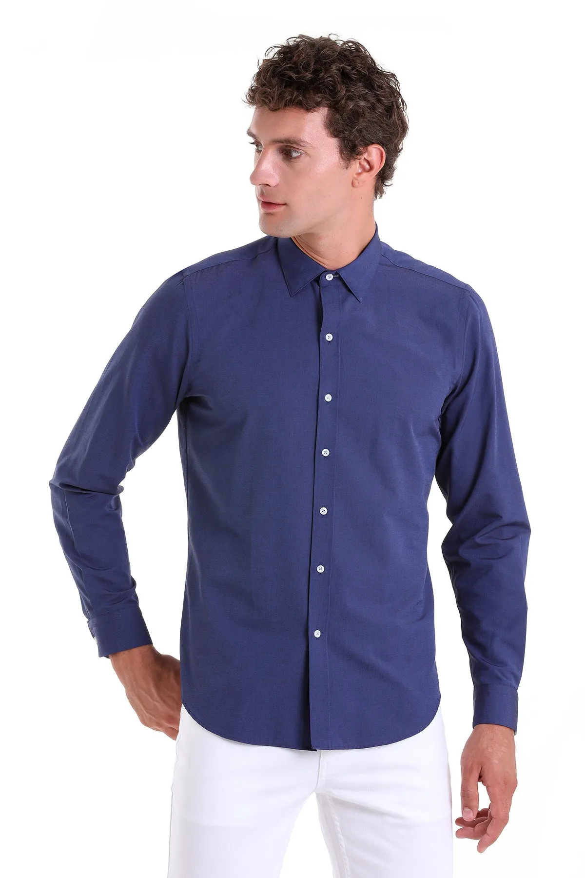 Comfort Fit Long Sleeve Cotton Blend Navy Dress Shirt