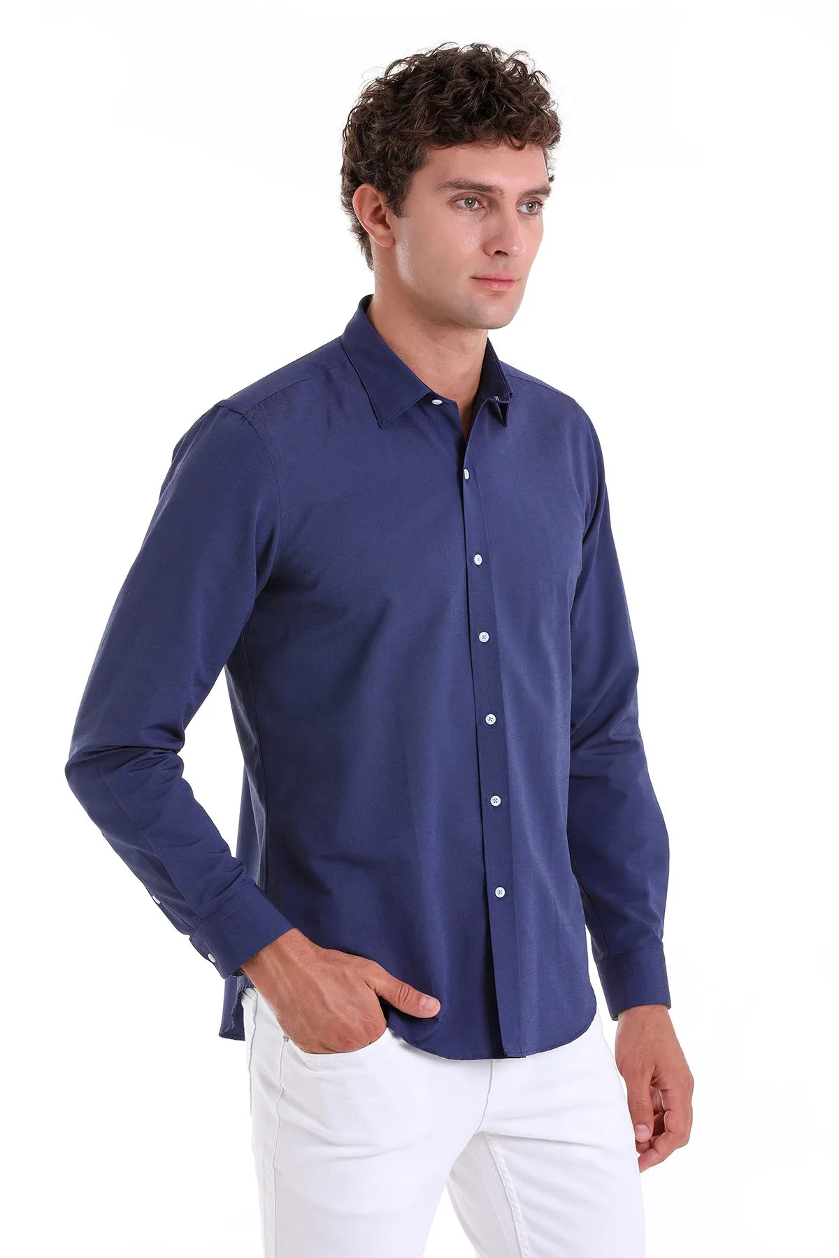 Comfort Fit Long Sleeve Cotton Blend Navy Dress Shirt