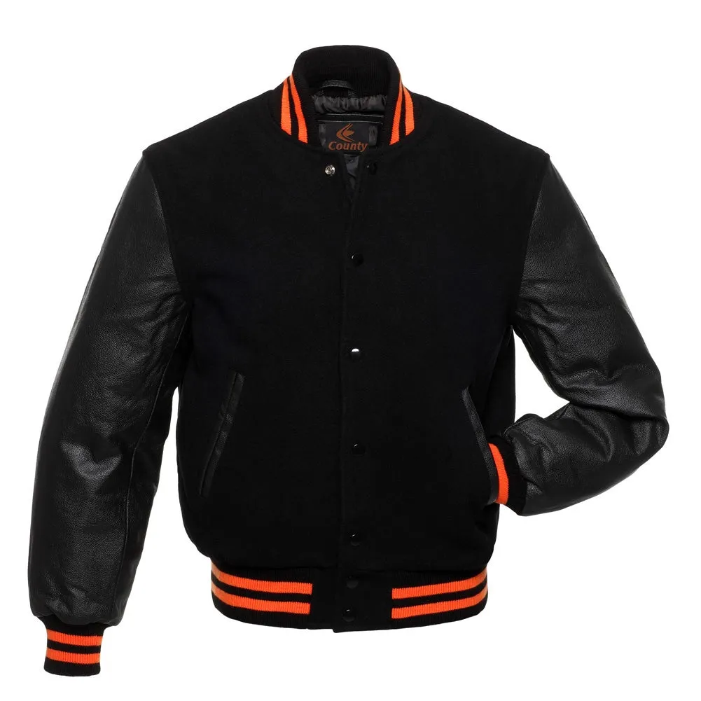 Custom Made Letterman Jacket Black Body and Black Leather Sleeves Team Varsity Jackets