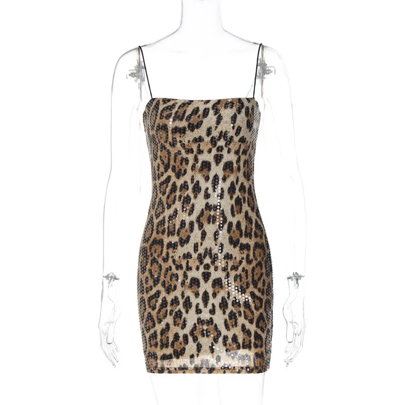 Darianrojas outfit inspo Sexy Hot New Fashion Leopard Print Street Style Nightclub All-Match Strap Sequin Dress Women's Clothing