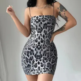 Darianrojas outfit inspo Sexy Hot New Fashion Leopard Print Street Style Nightclub All-Match Strap Sequin Dress Women's Clothing