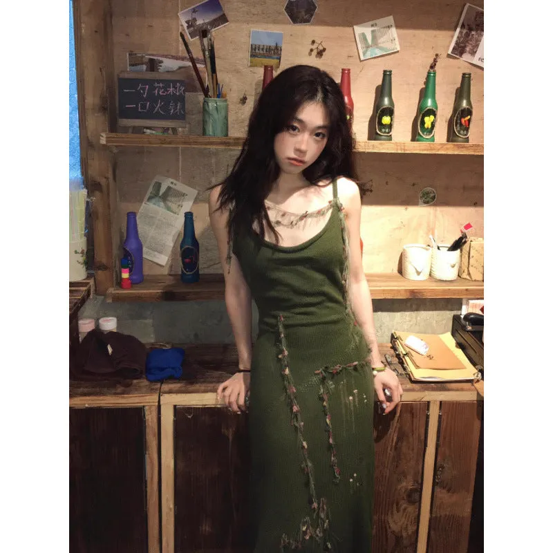 Darianrojas outfit inspo Spring and Autumn Retro Green Knitted Sling Dress Women's Hot Girl Style Tight Waist Outer Wear Ripped Sheath Long Skirt