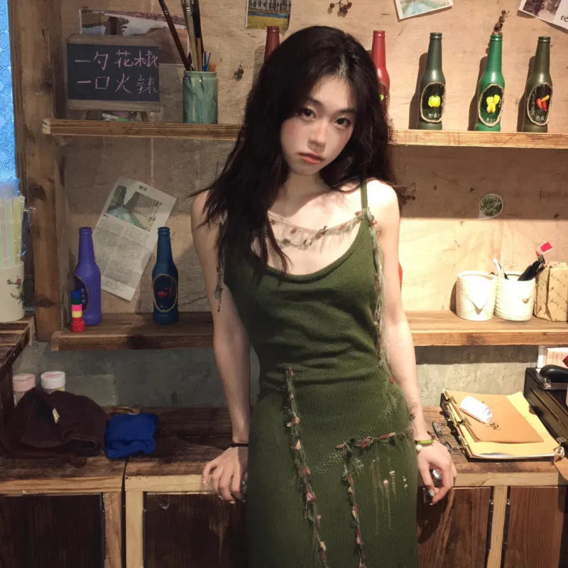 Darianrojas outfit inspo Spring and Autumn Retro Green Knitted Sling Dress Women's Hot Girl Style Tight Waist Outer Wear Ripped Sheath Long Skirt