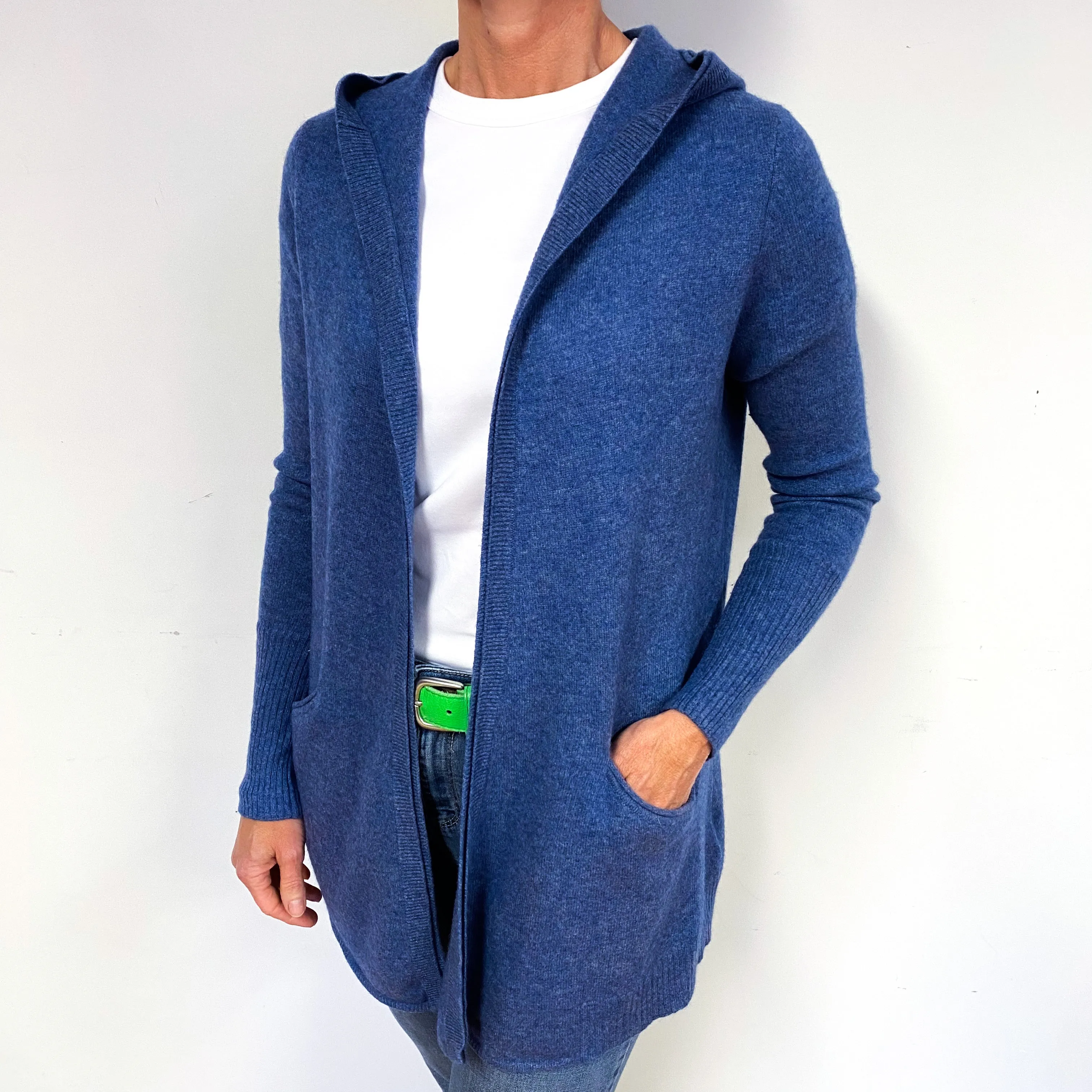 Dark Denim Blue Cashmere Hooded Edge to Edge Cardigan Medium