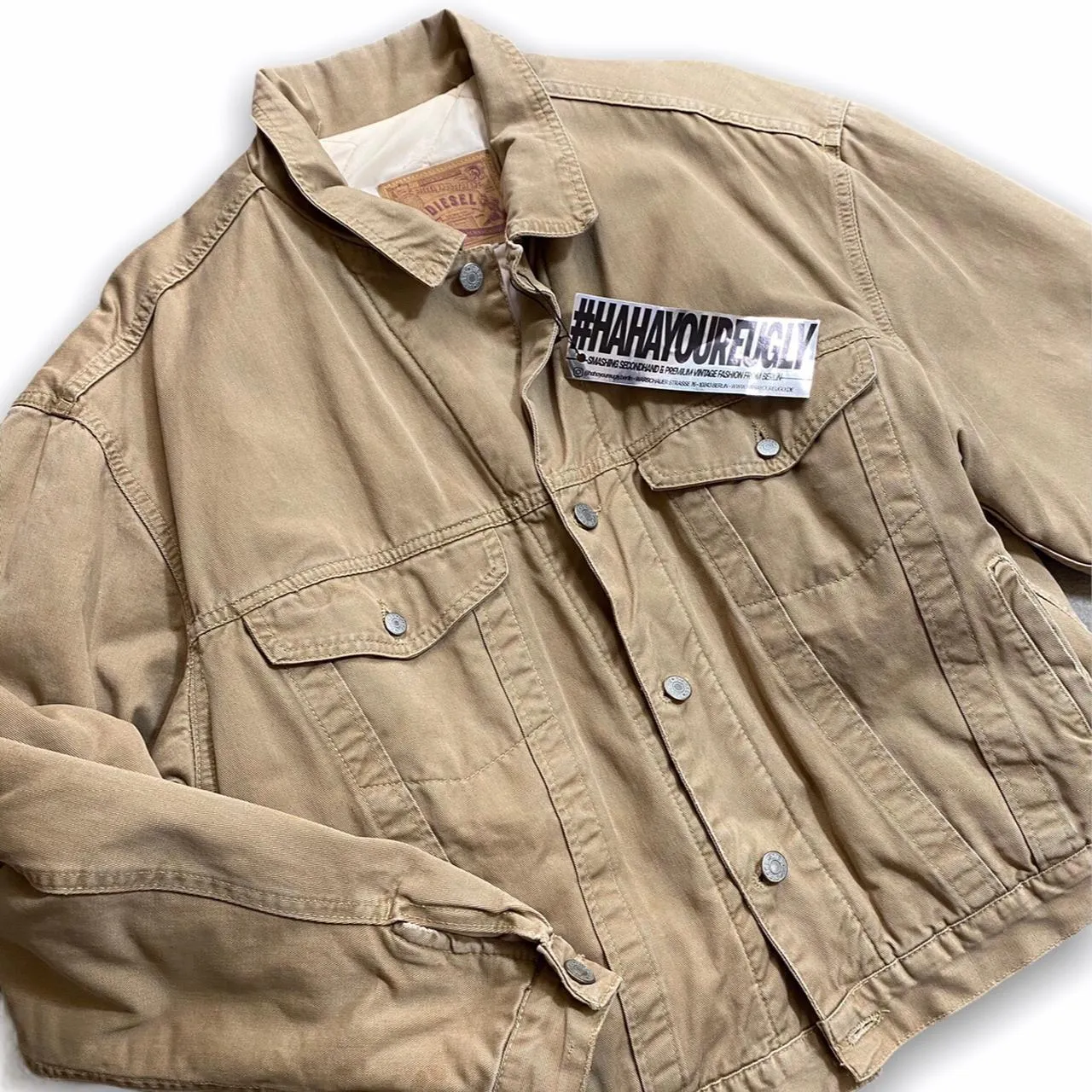 Diesel Men's Outerwear Denim Bomber Jacket Size Large Tan Brown Long Sleeve Front Button and Pockets