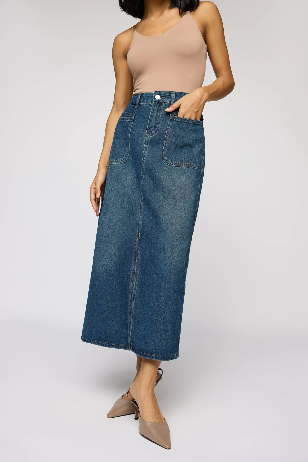 Eden Blue Front Slit Denim Midi Skirt