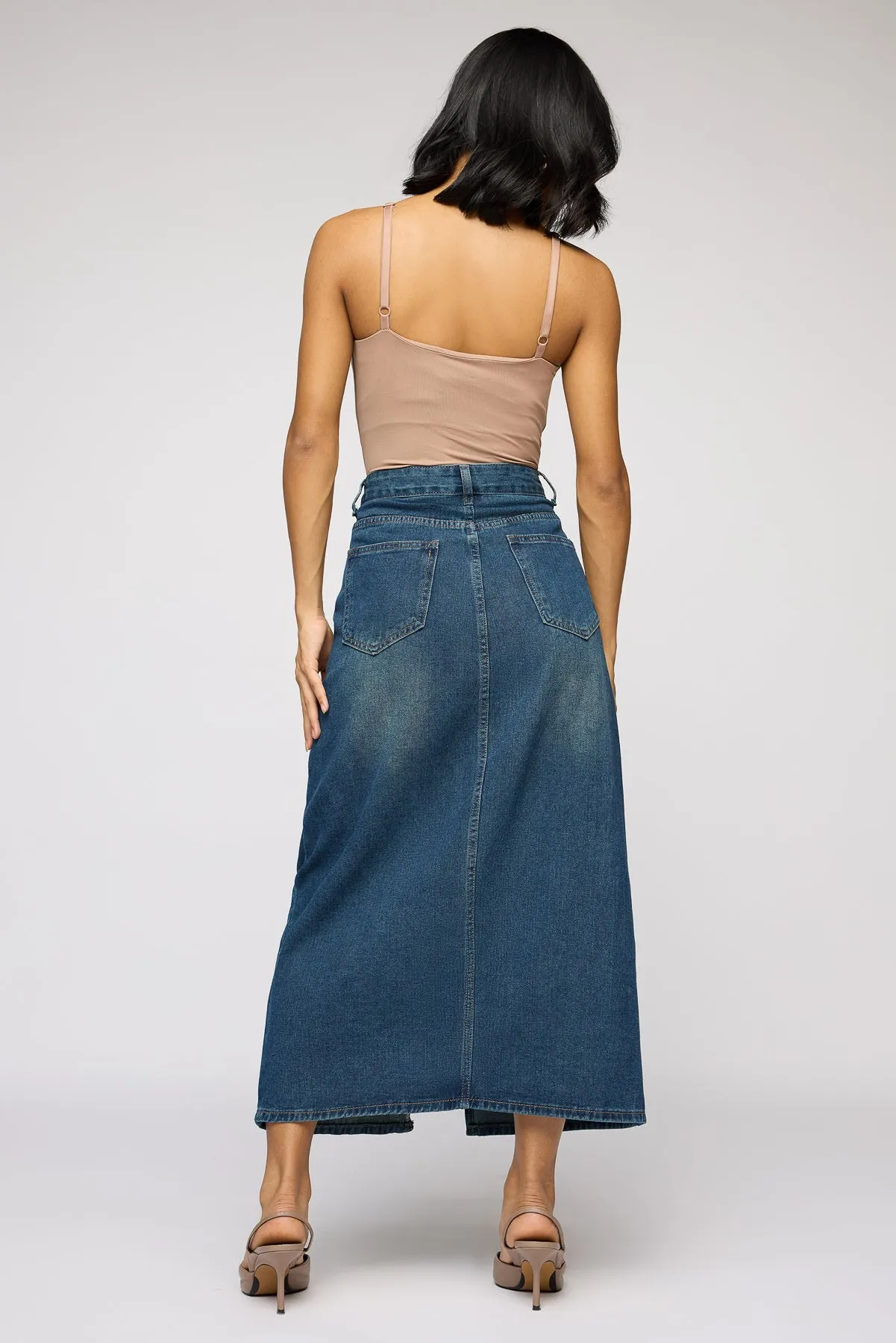 Eden Blue Front Slit Denim Midi Skirt