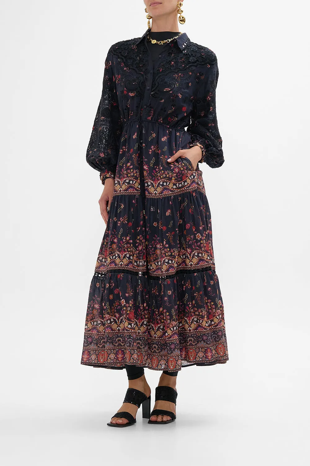 EMBROIDERED TIERED LONG SHIRT DRESS LOOM TO TOMB