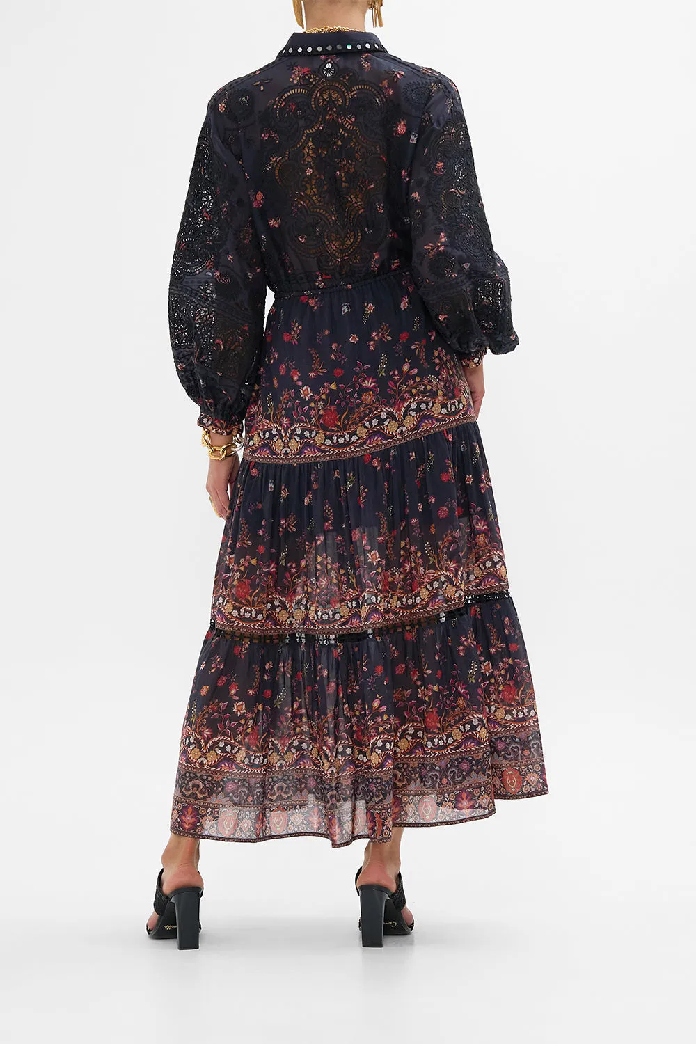 EMBROIDERED TIERED LONG SHIRT DRESS LOOM TO TOMB