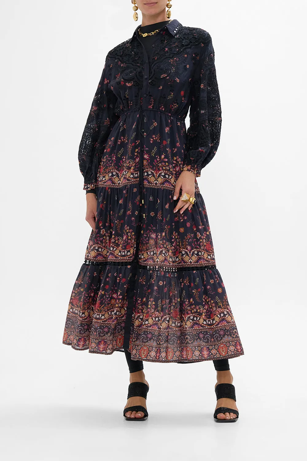 EMBROIDERED TIERED LONG SHIRT DRESS LOOM TO TOMB