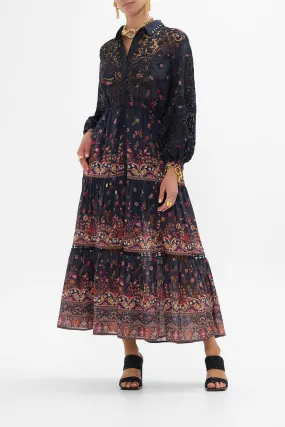 EMBROIDERED TIERED LONG SHIRT DRESS LOOM TO TOMB