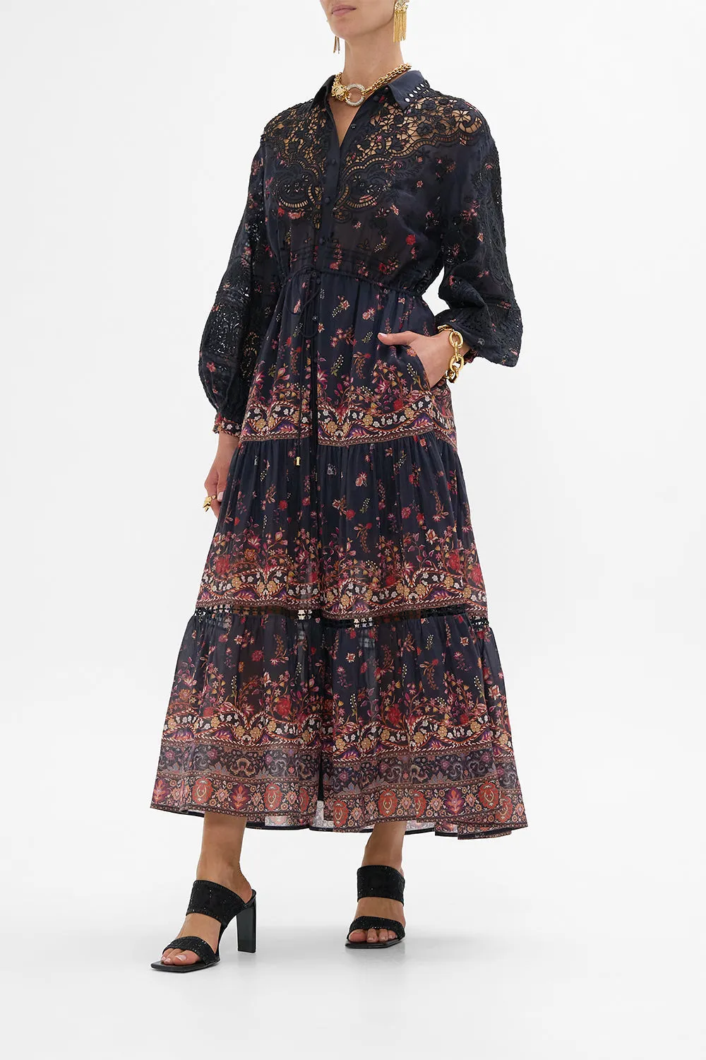 EMBROIDERED TIERED LONG SHIRT DRESS LOOM TO TOMB