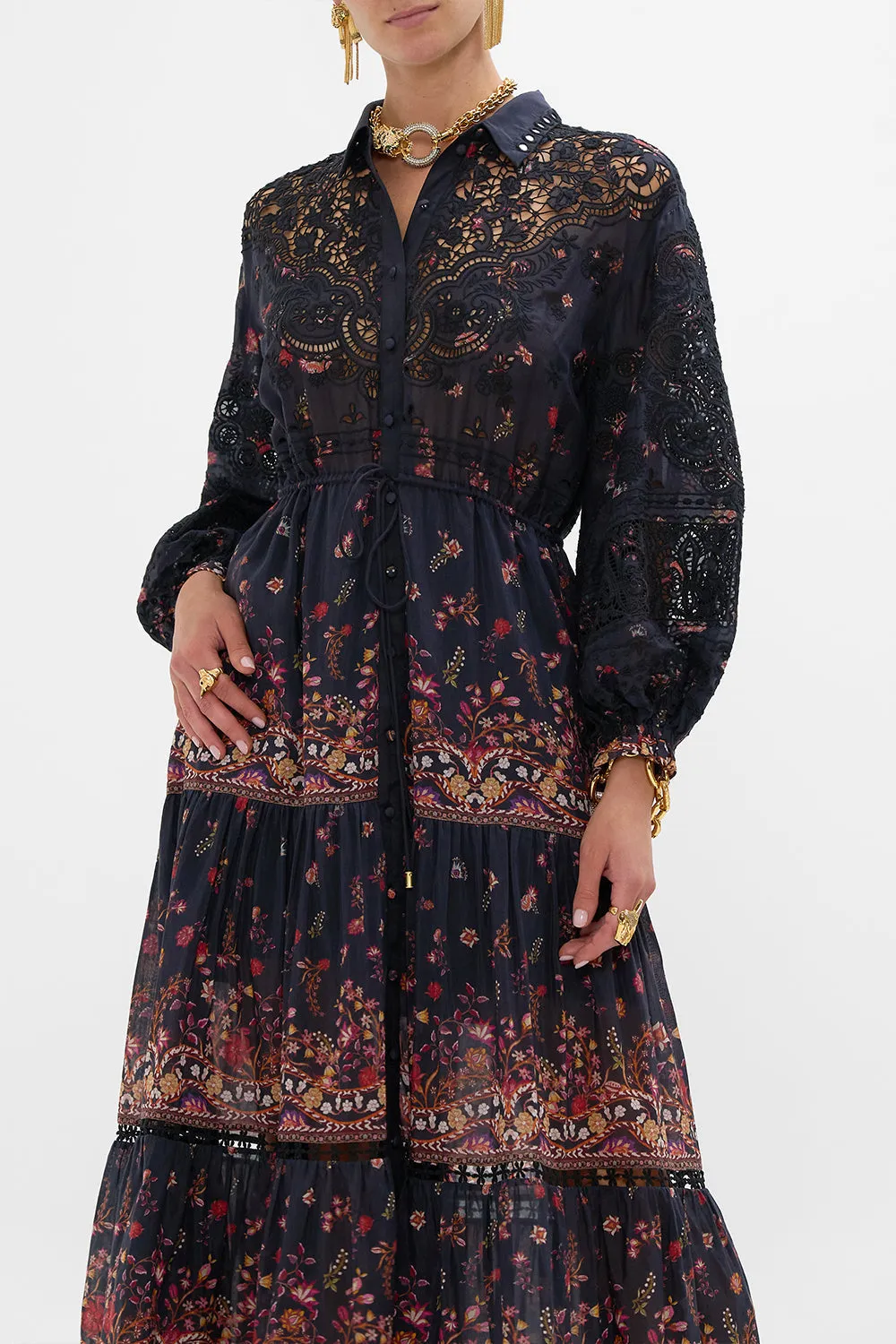 EMBROIDERED TIERED LONG SHIRT DRESS LOOM TO TOMB