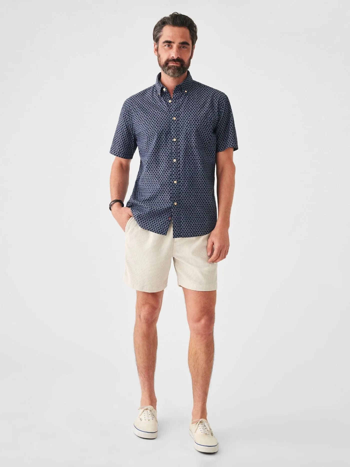 Faherty Short Sleeve Stretch Playa Shirt in Midnight Fishscale