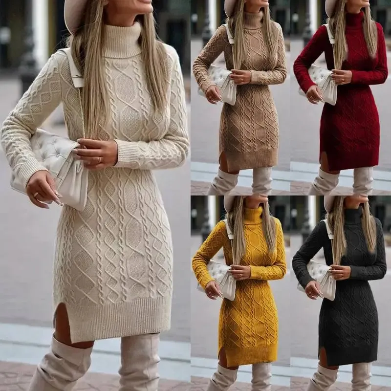 Fashion Turtleneck Knitted Dress With Slit Design Winter Warm Solid Color Pullover Long Sweater Women's Clothing