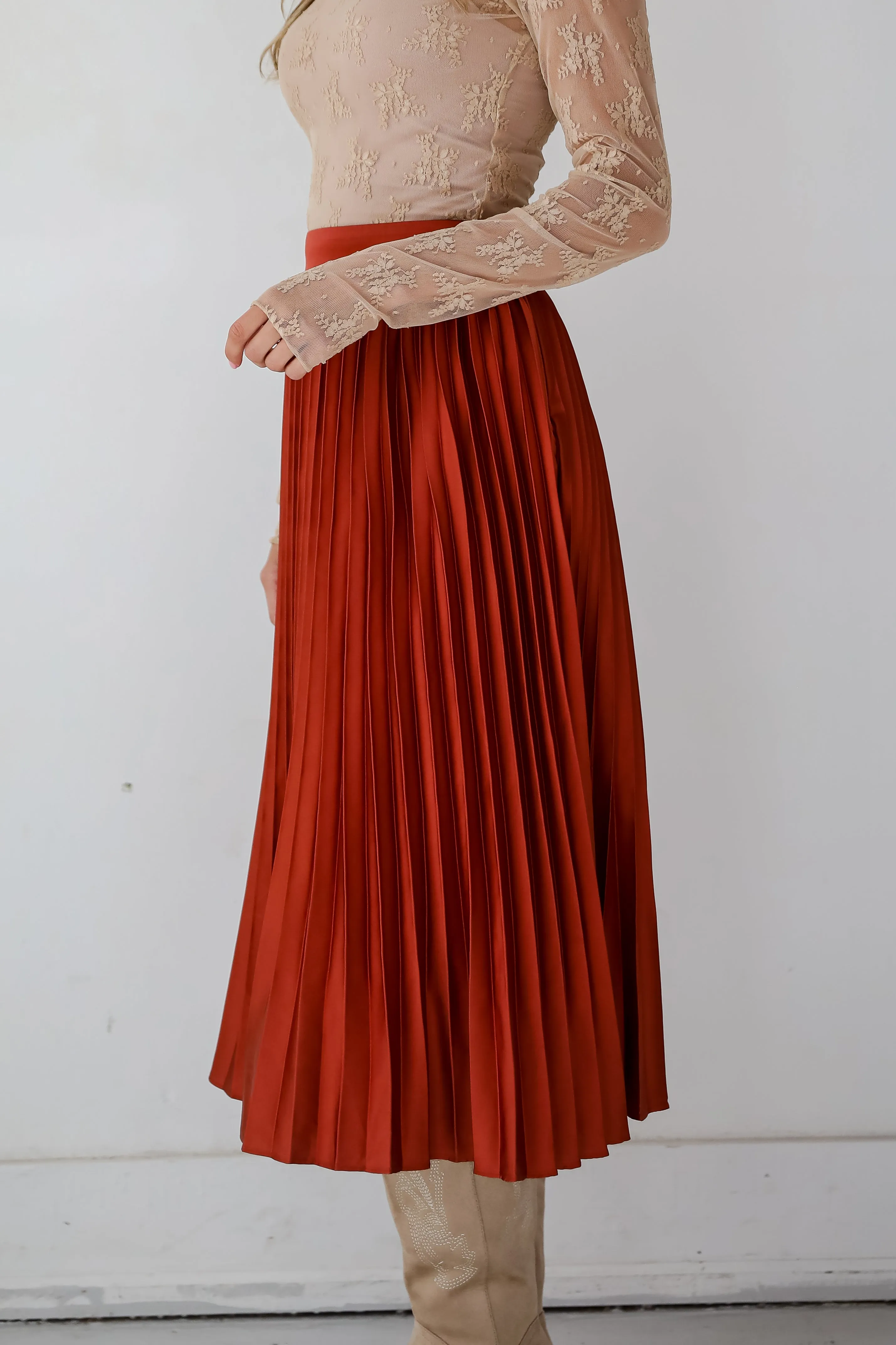 FINAL SALE - Fabulous Always Rust Satin Pleated Midi Skirt