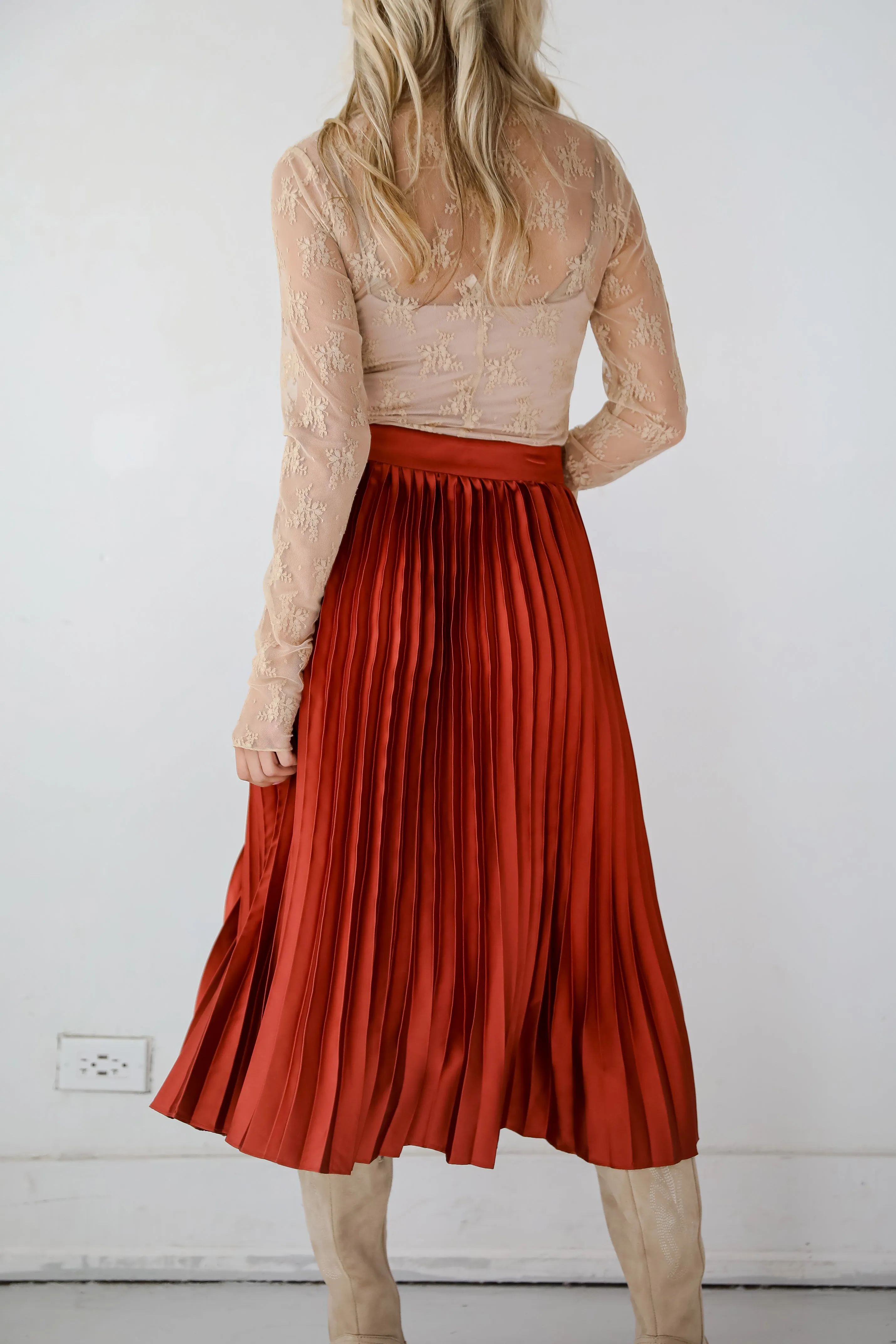 FINAL SALE - Fabulous Always Rust Satin Pleated Midi Skirt