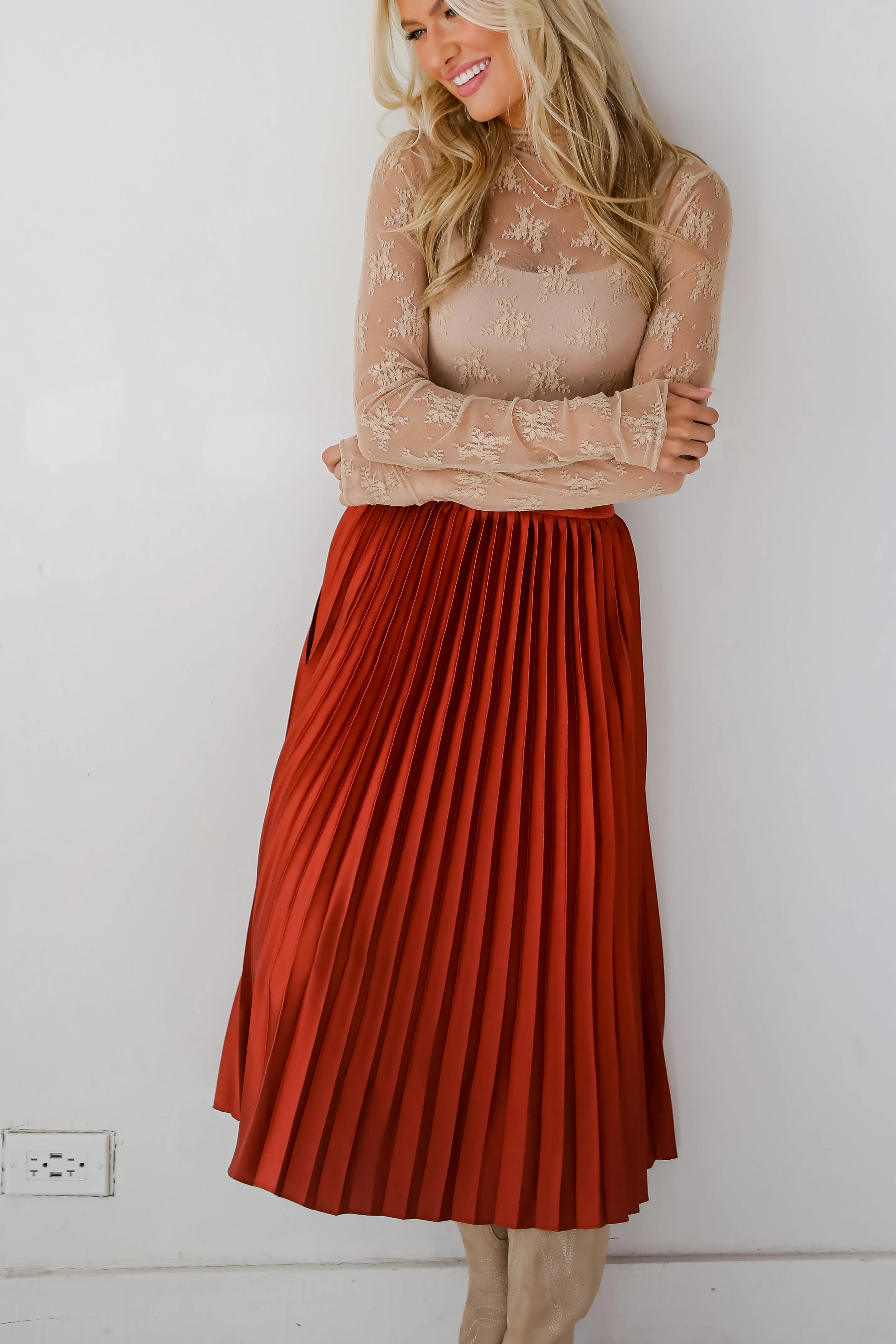 FINAL SALE - Fabulous Always Rust Satin Pleated Midi Skirt