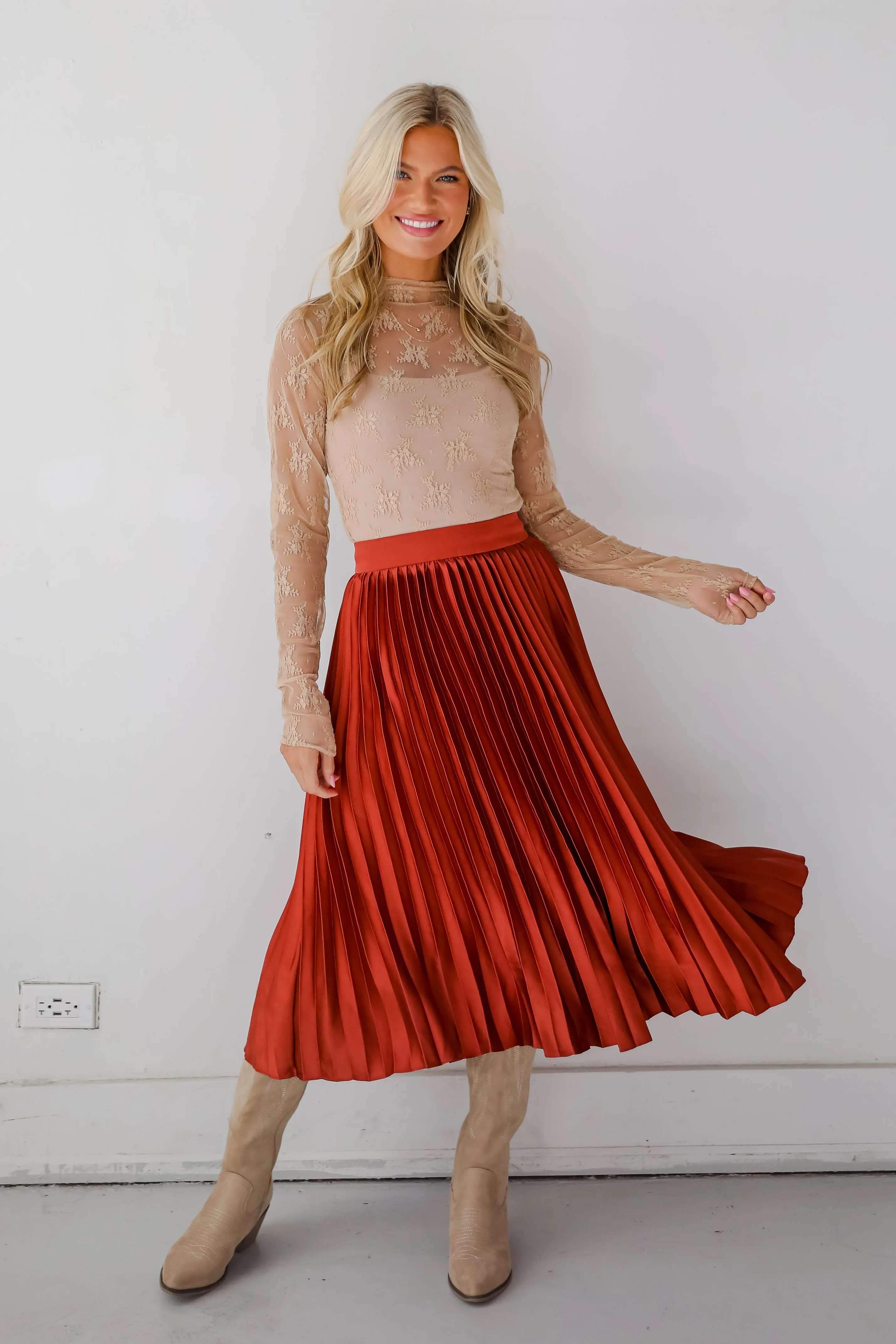 FINAL SALE - Fabulous Always Rust Satin Pleated Midi Skirt