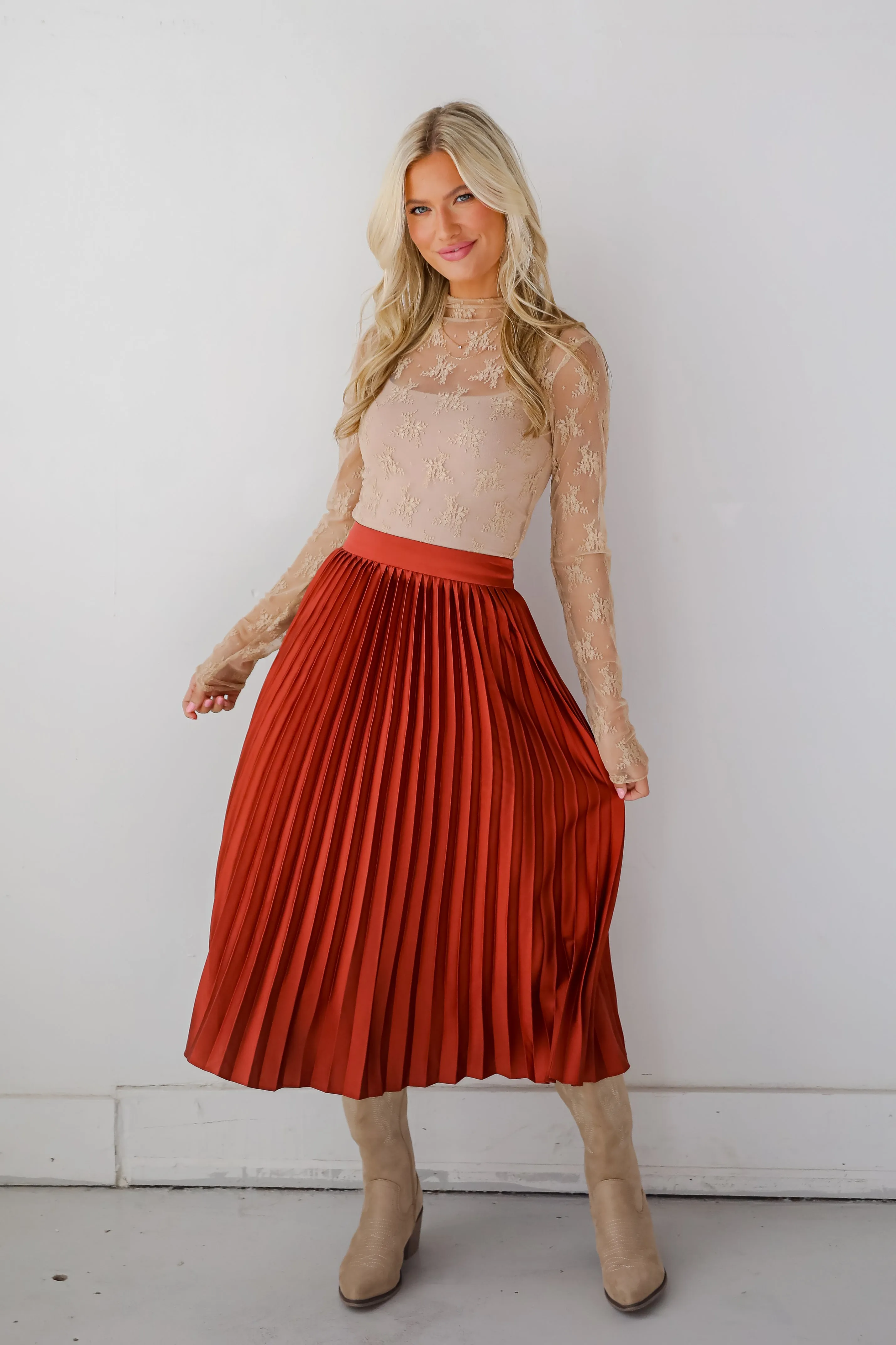 FINAL SALE - Fabulous Always Rust Satin Pleated Midi Skirt