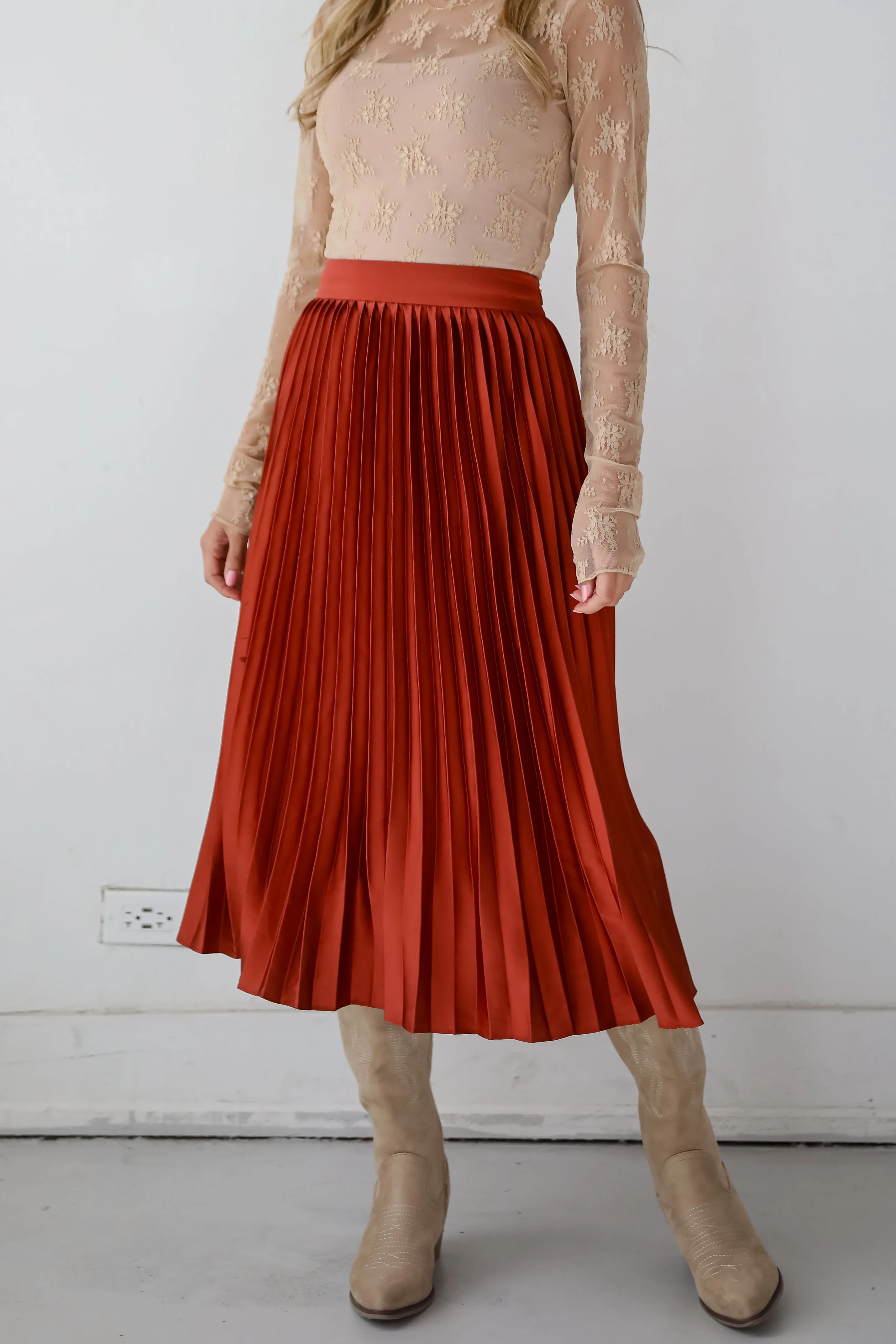 FINAL SALE - Fabulous Always Rust Satin Pleated Midi Skirt