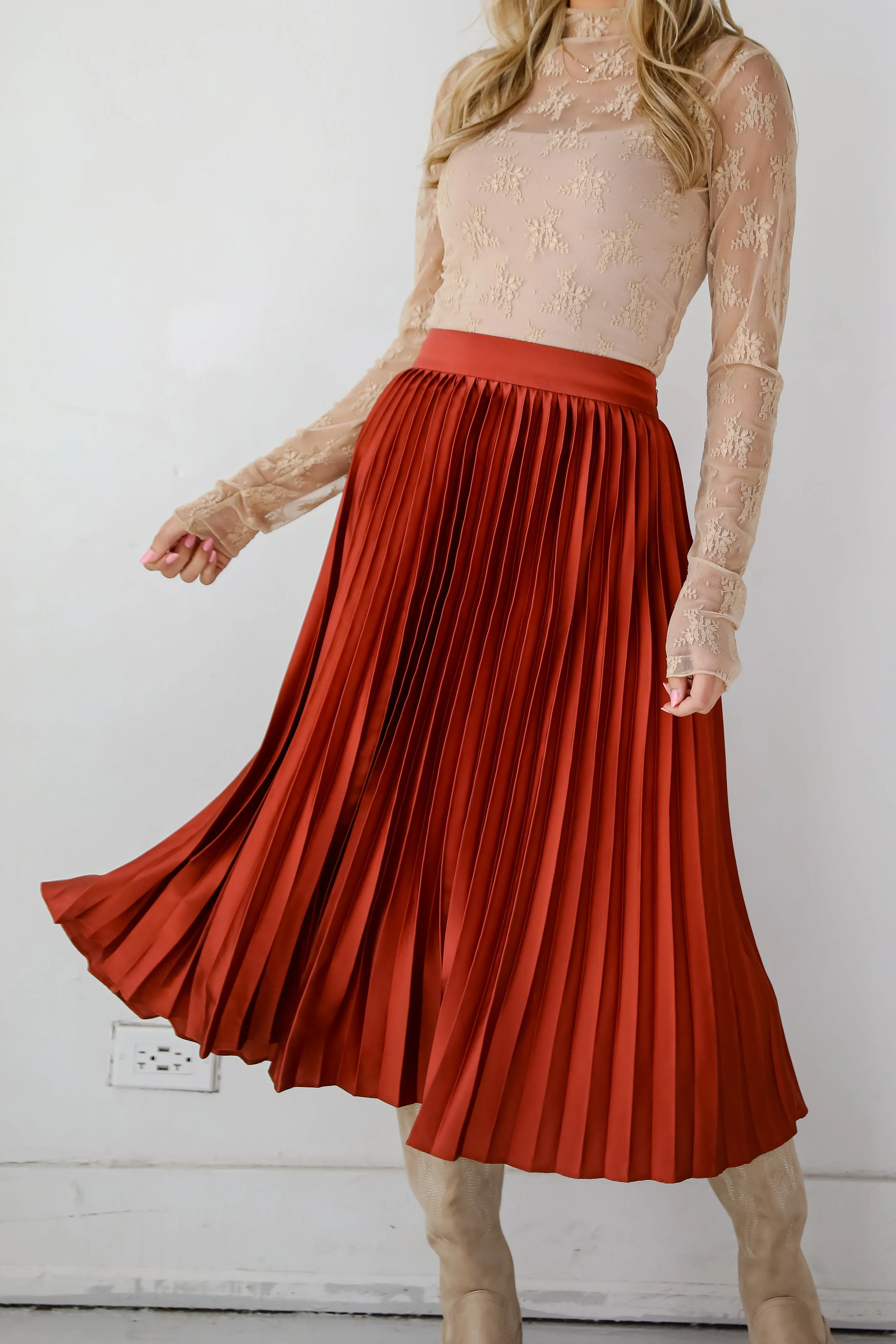 FINAL SALE - Fabulous Always Rust Satin Pleated Midi Skirt