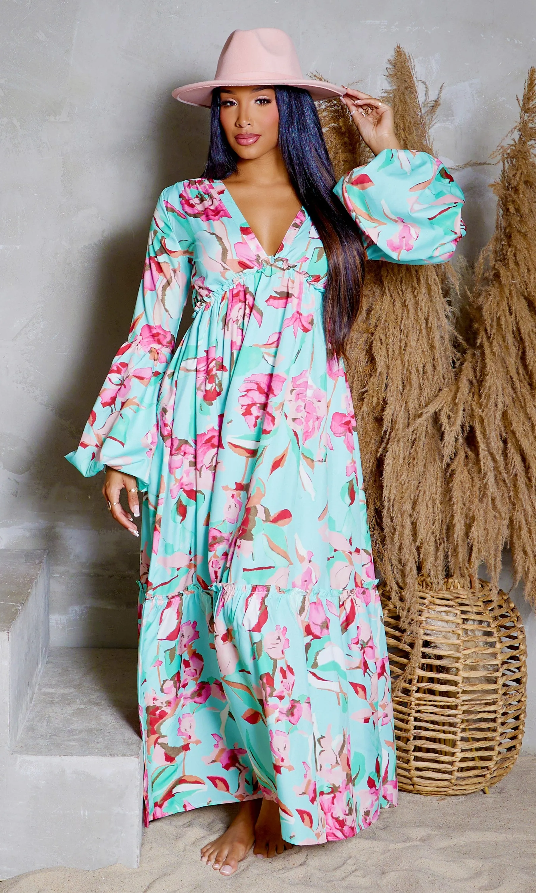 Floral V-Neck Printed Maxi Dress