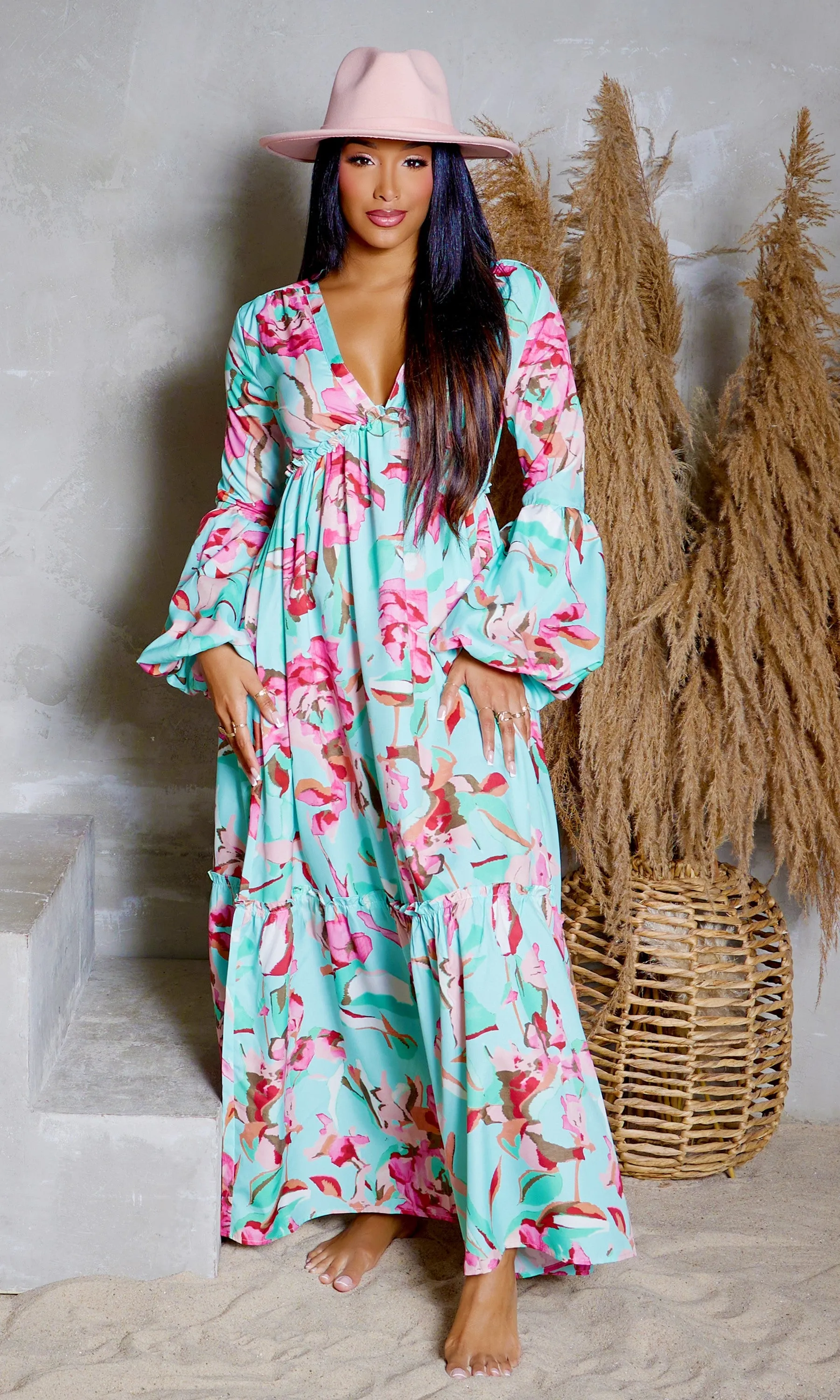 Floral V-Neck Printed Maxi Dress