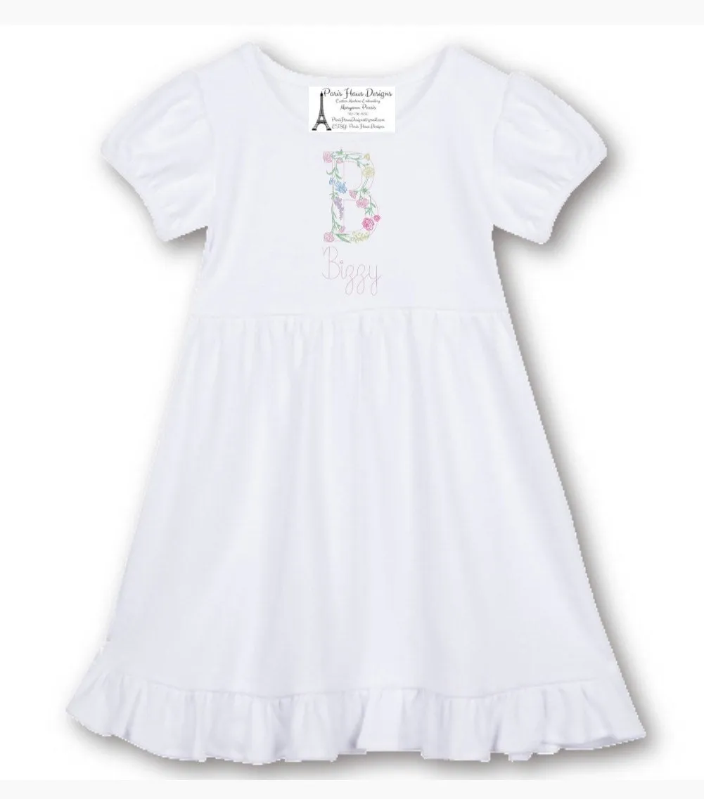 Girls Flower Outline Monogram Dress