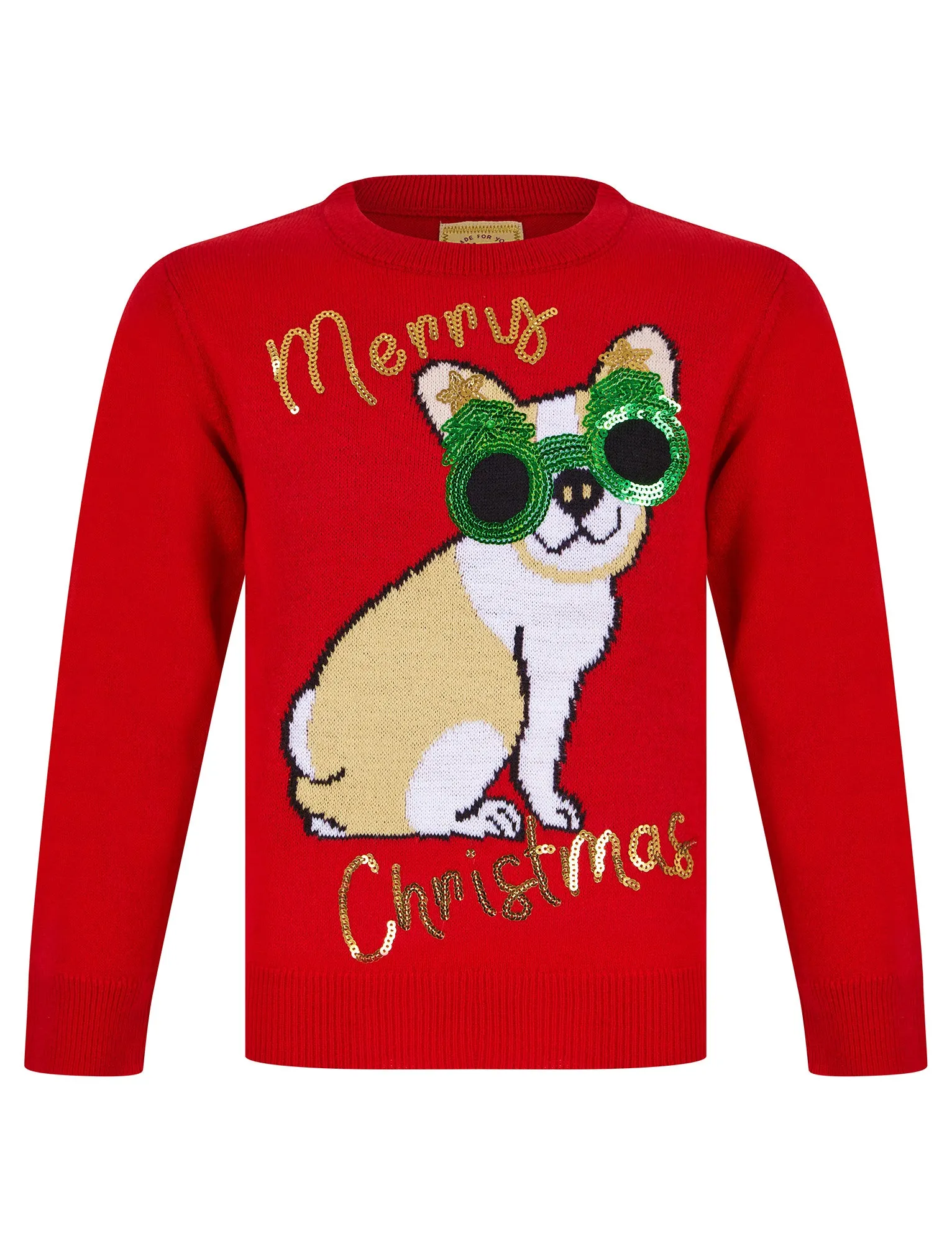 Girl's Glasses Dog Novelty Sequinned Christmas Jumper in Tokyo Red - Merry Christmas Kids (4-12yrs)