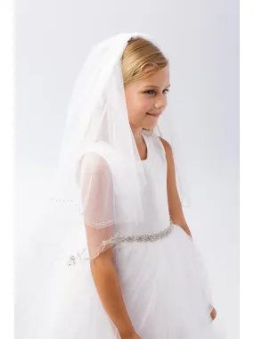 Girls Ivory Floral Beading Double Layer Stylish Communion Flower Girl Veil