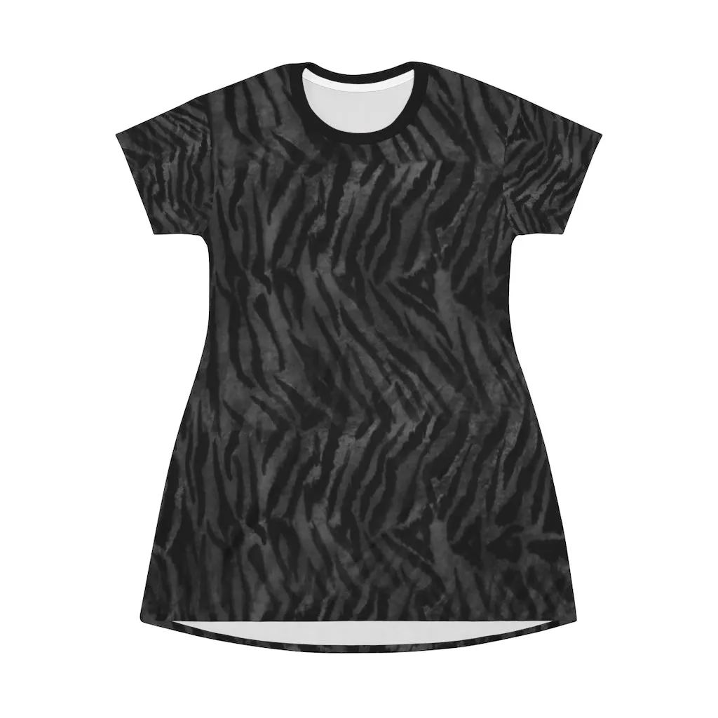 Grey Tiger Striped T-Shirt Dress, Animal Print Crew Neck Long Tee Shirt Dress - Made in USA