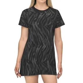 Grey Tiger Striped T-Shirt Dress, Animal Print Crew Neck Long Tee Shirt Dress - Made in USA