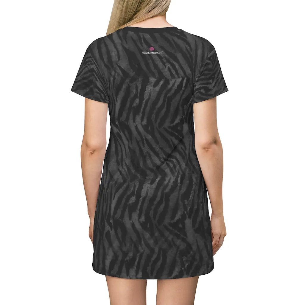 Grey Tiger Striped T-Shirt Dress, Animal Print Crew Neck Long Tee Shirt Dress - Made in USA